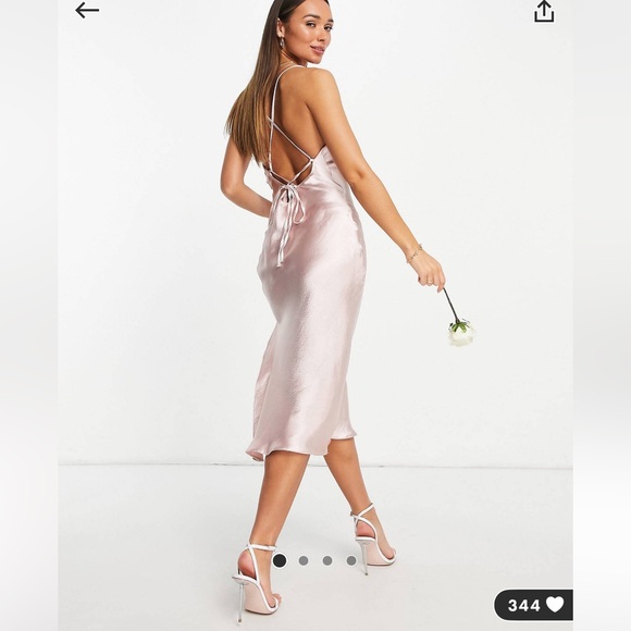 ASOS cami midi slip dress, high shine satin w/ lace up back, champagne, size 6 - Picture 8 of 11